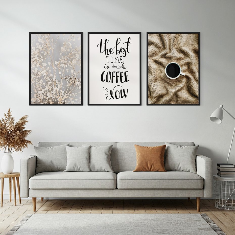Zestaw obrazy w ramie, plakaty - kwiaty,kawa,tekst - rama czarna