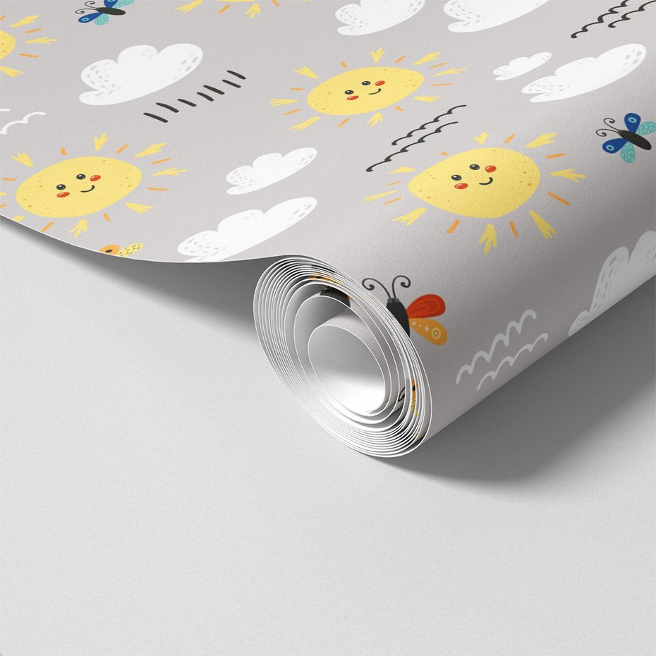 Tapeta - dziecięca, słońce, chmury, motyl