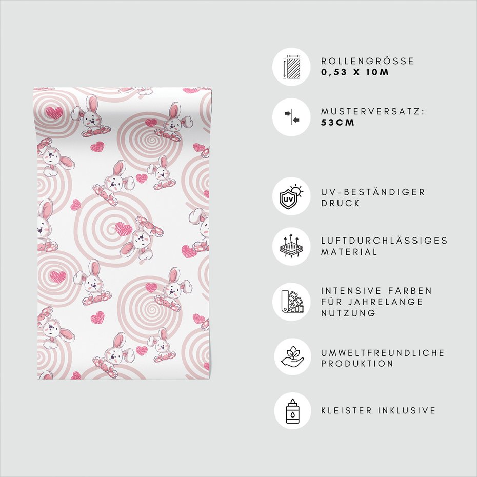 Tapeta - dziecięca, królik, serce, koło