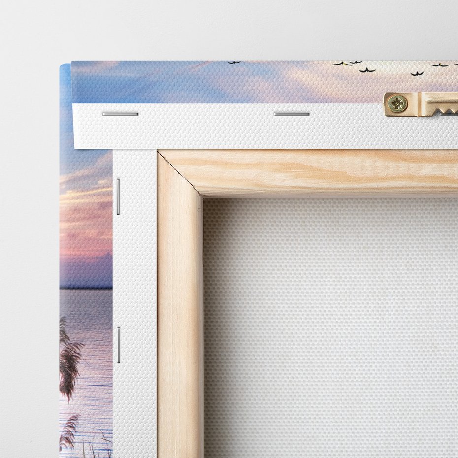 Obraz na płótnie - zachód słońca, jezioro, ptaki