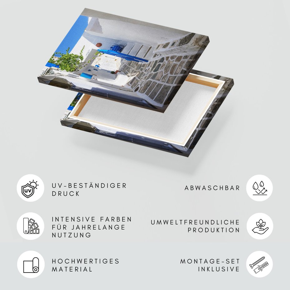 Obraz na płótnie - uliczka, białe budynki, niebieskie akcenty