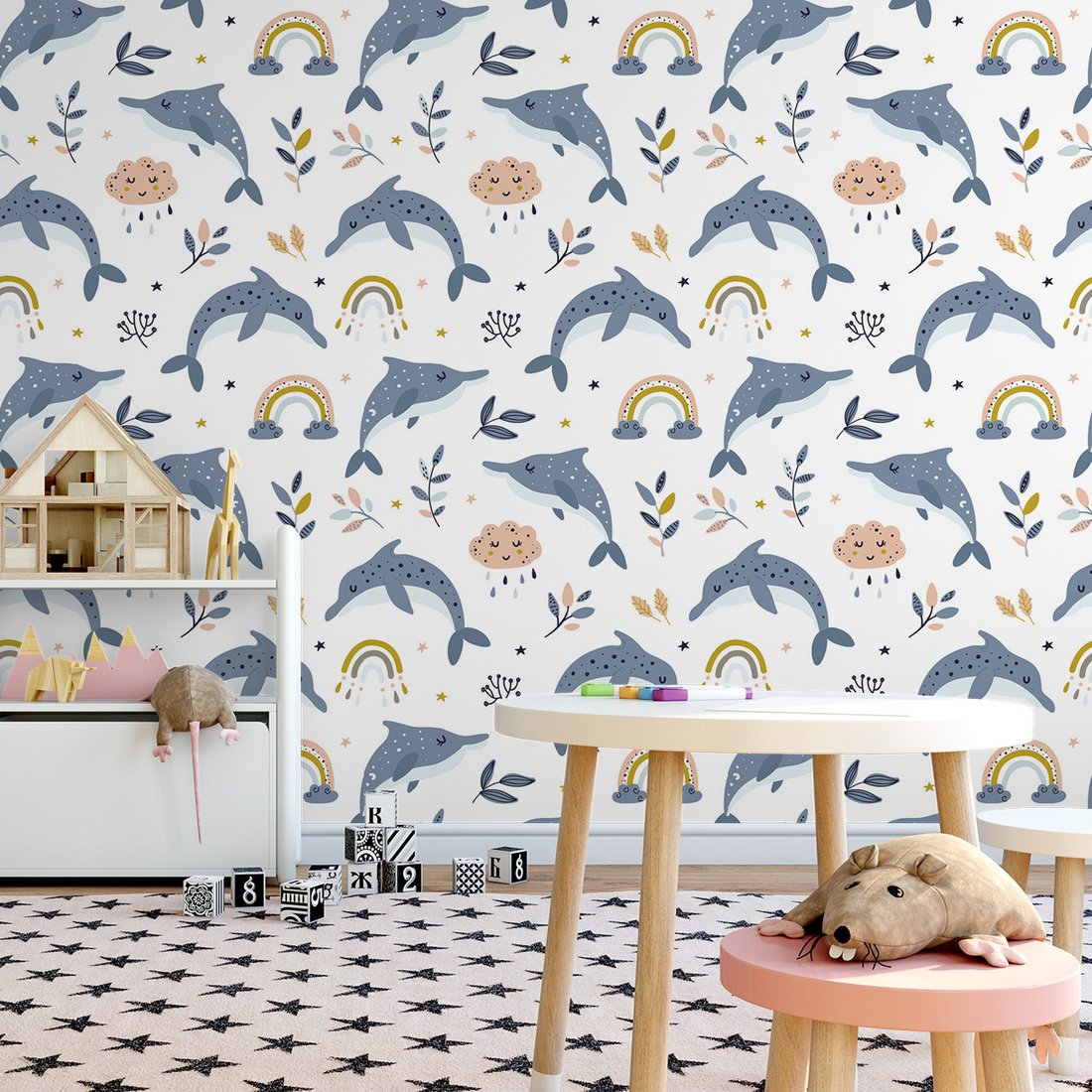 Tapeta - dziecięca, delfiny, chmury,