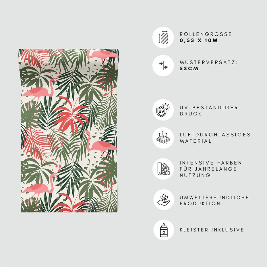 Tapeta - flamingo, liście, tropiki