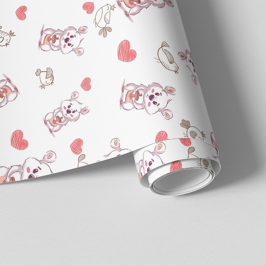 Tapeta - dziecięca, myszy, ptaki, serca