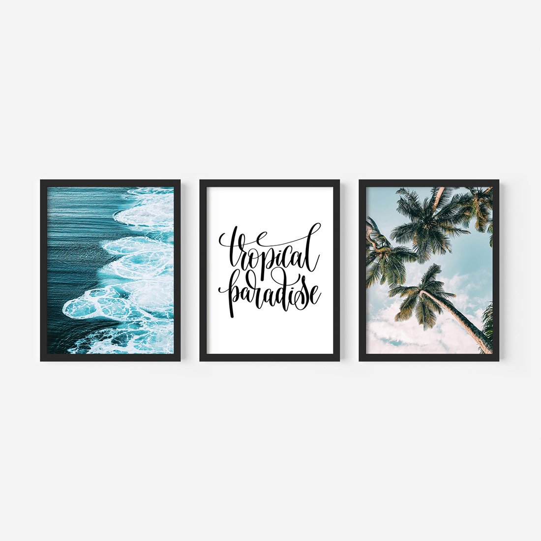 Zestaw obrazy w ramie, plakaty - tropikalny, morze, palmy - rama czarna
