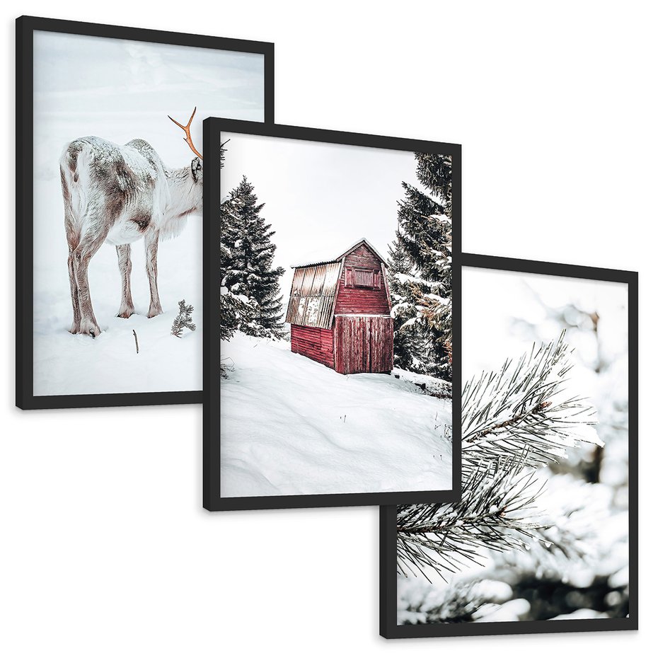 Zestaw obrazy w ramie, plakaty - renifer, śnieg, zima - rama czarna