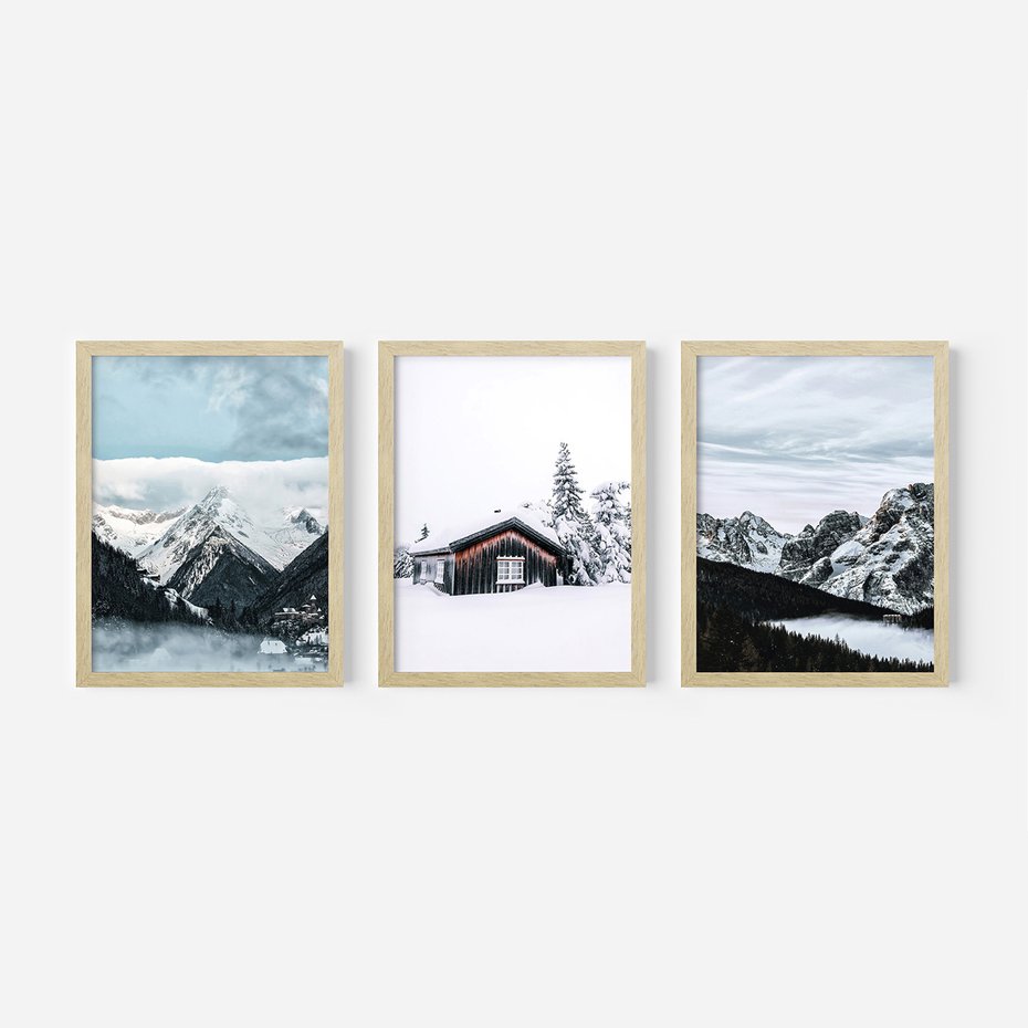 Zestaw obrazy w ramie, plakaty - zima, śnieg, góry - rama drewno