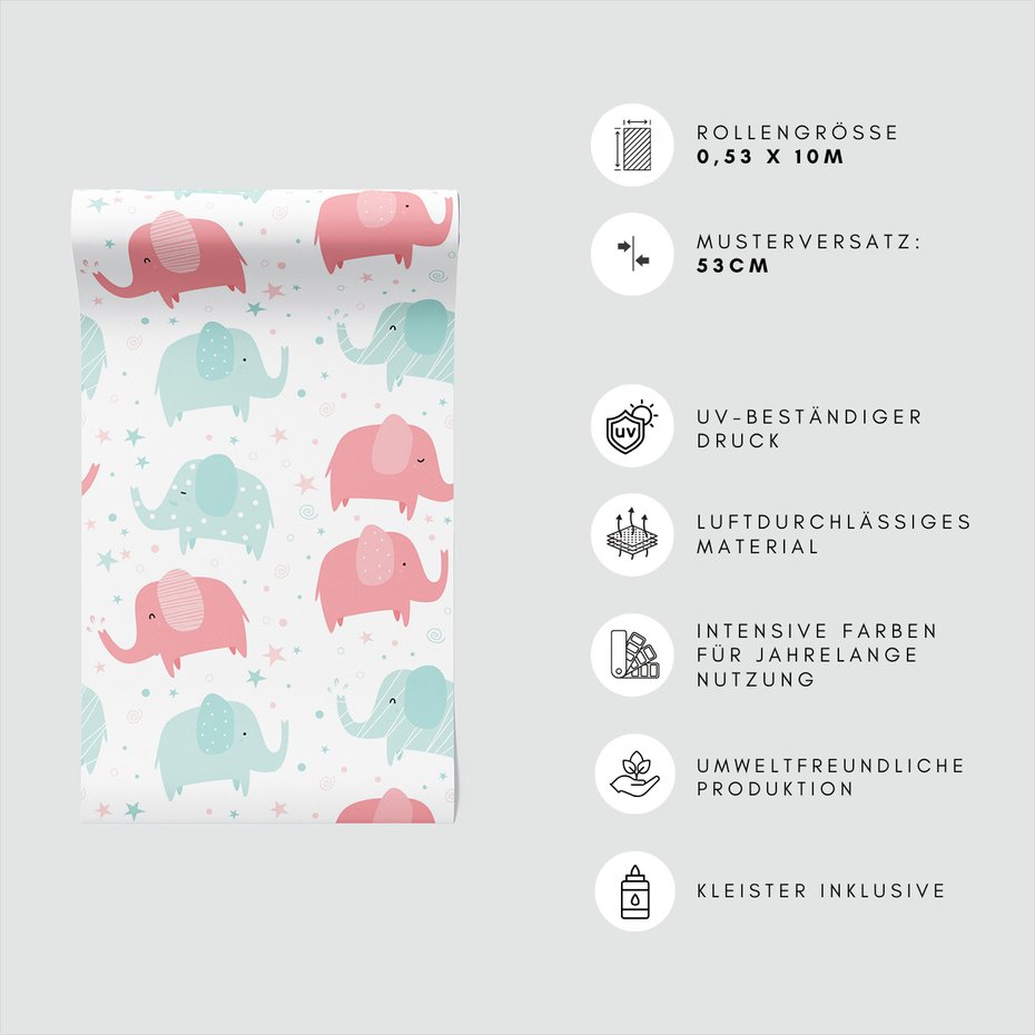 Tapeta - dziecięca, słonie, gwiazdy,