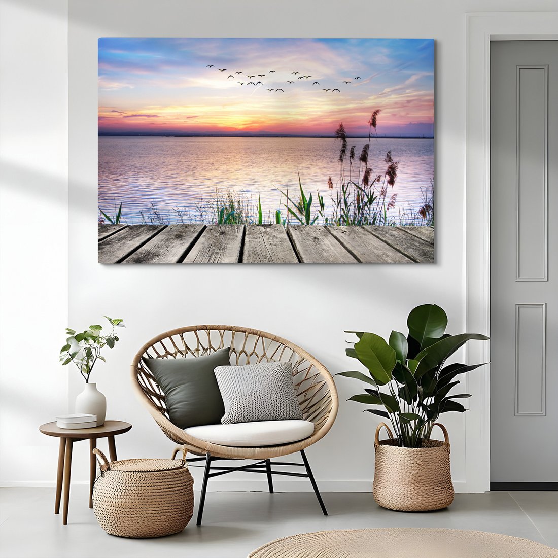 Obraz na płótnie - zachód słońca, jezioro, ptaki