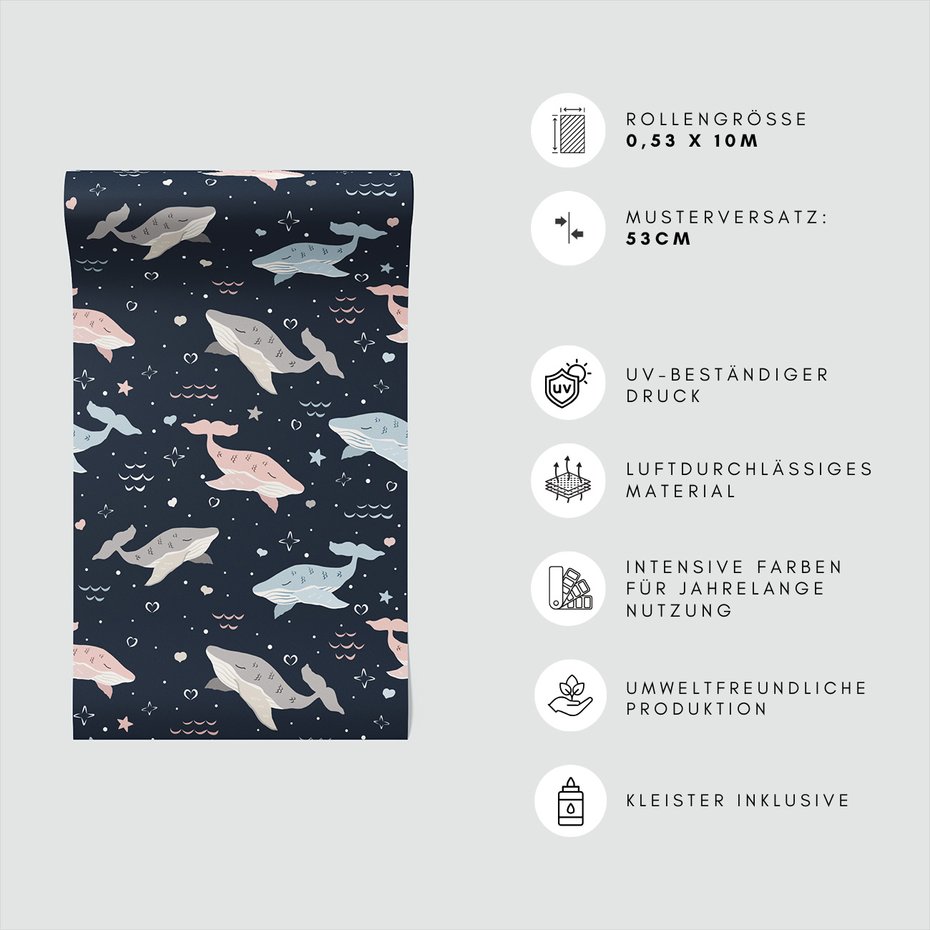 Tapeta - dziecięca, wieloryby, gwiazdy, serca