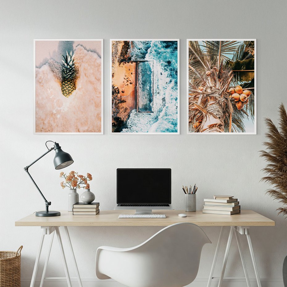 Zestaw obrazy w ramie, plakaty - ananas, plaża, kokosy - rama biała