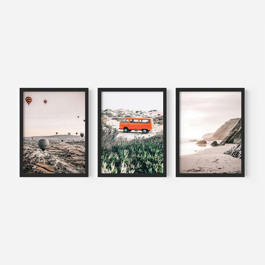 Zestaw obrazy w ramie, plakaty - balony, morze, plaża - rama czarna