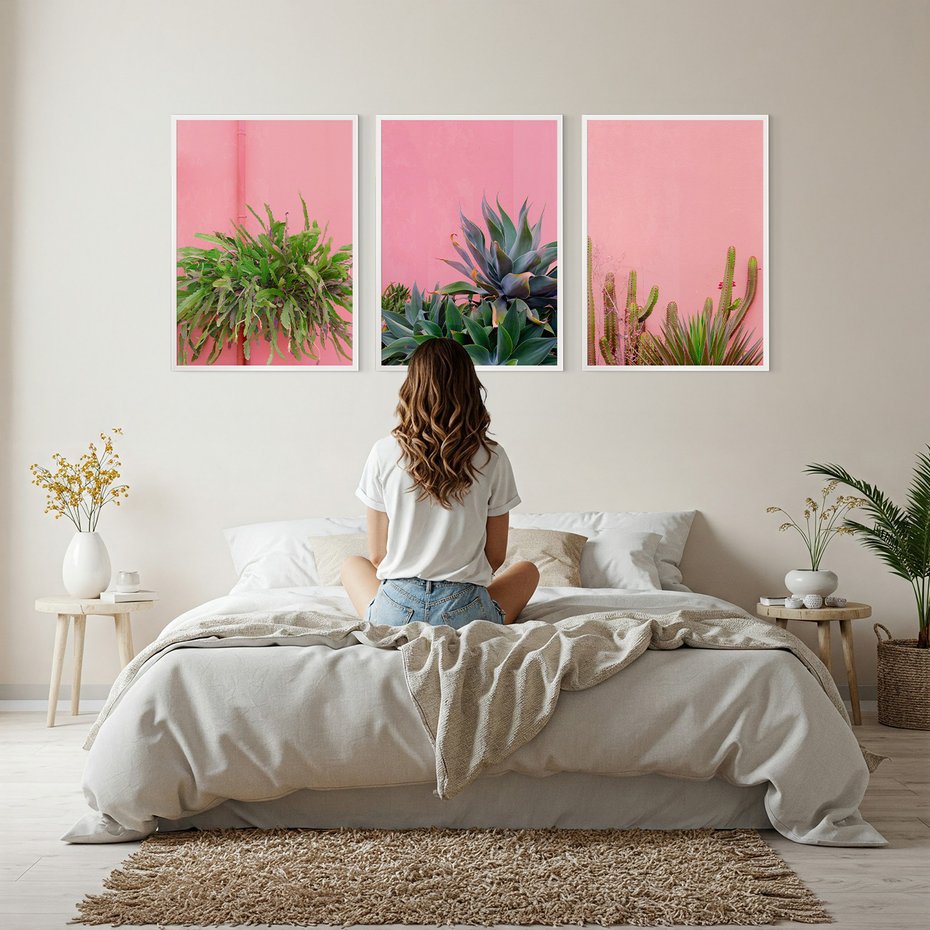 Zestaw obrazy w ramie, plakaty - rośliny, kaktusy, różowy - rama biała