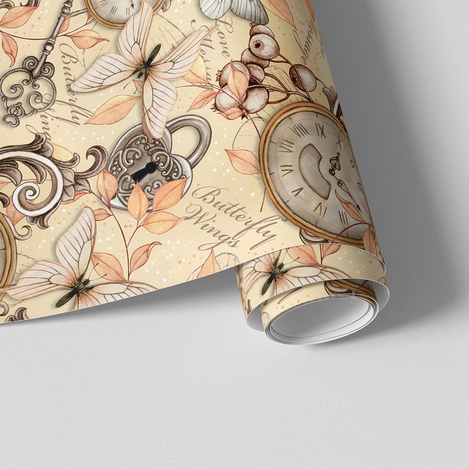 Tapeta - motyle, zegary, ornamenty
