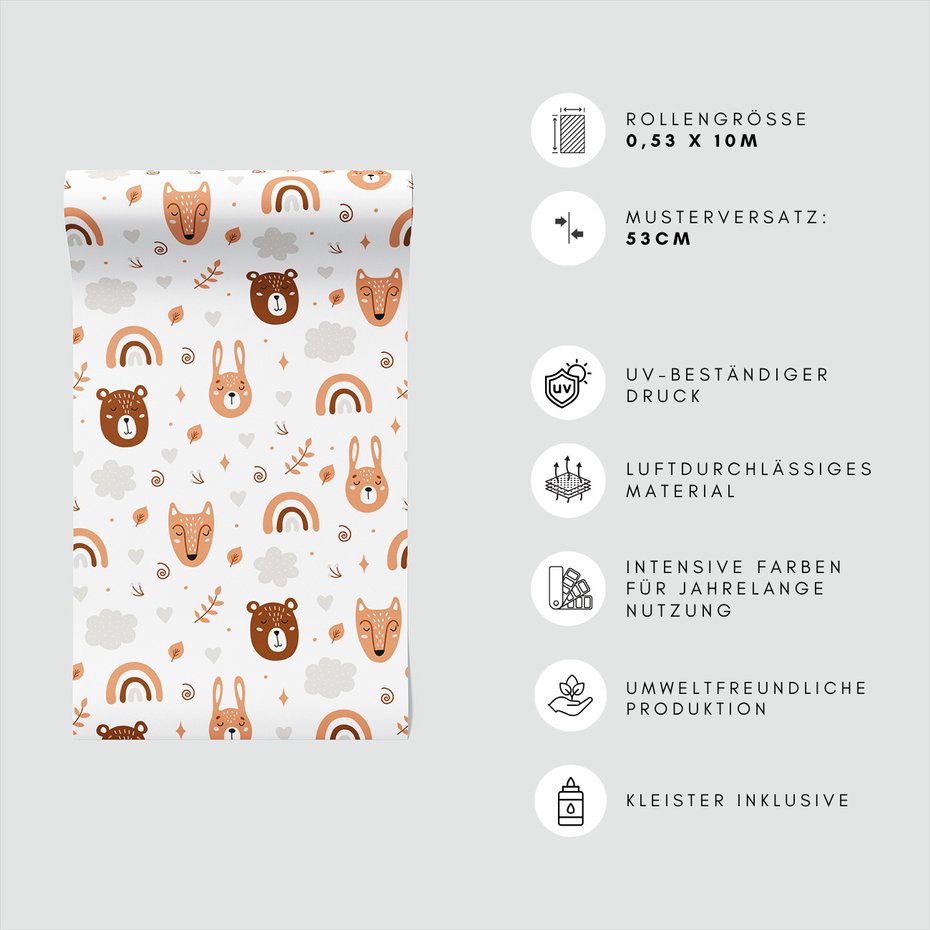 Tapeta - dziecięca, zwierzęta, chmury, liście