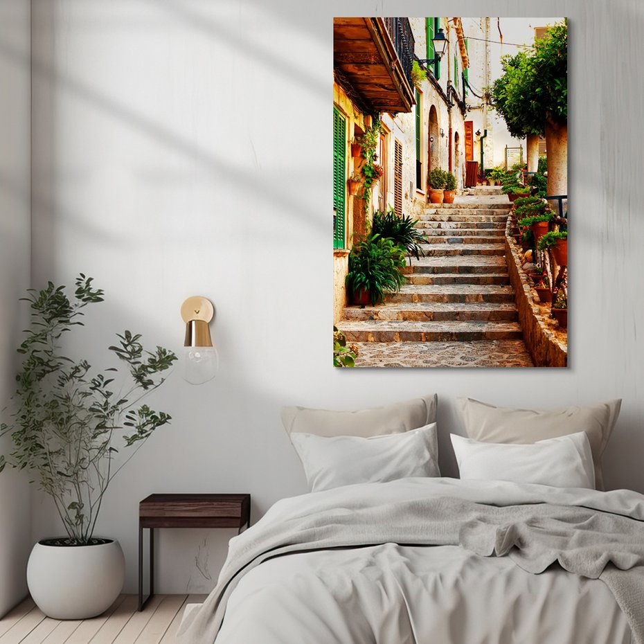 Obraz na płótnie - uliczka, schody, kwiaty