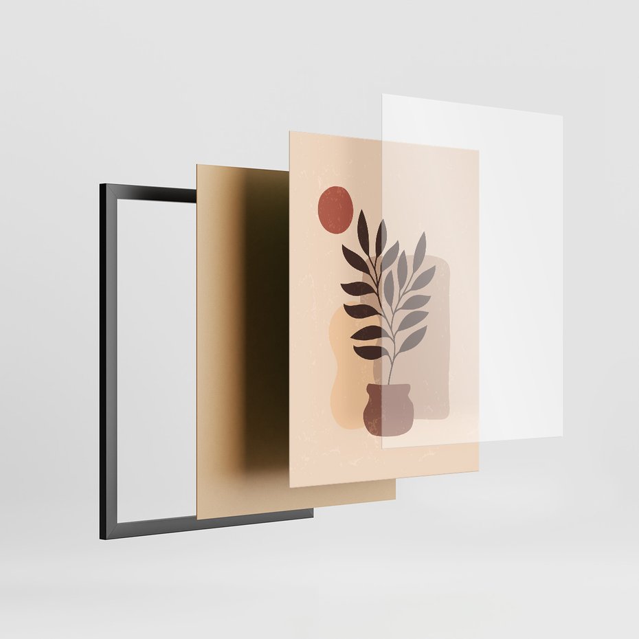 Zestaw obrazy w ramie, plakaty - liście, roślina, abstrakcja - rama czarna
