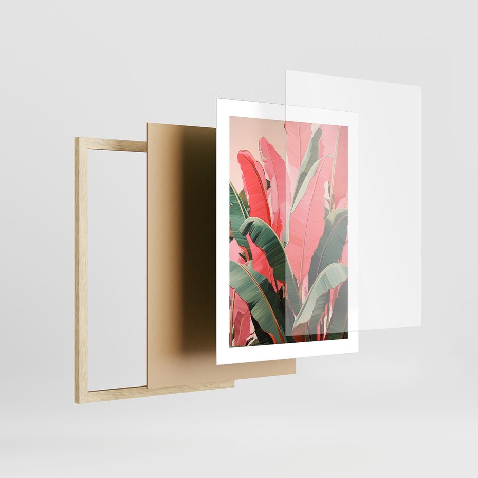 Zestaw obrazy w ramie, plakaty - liście, pastelowy, tropikalny - rama drewno