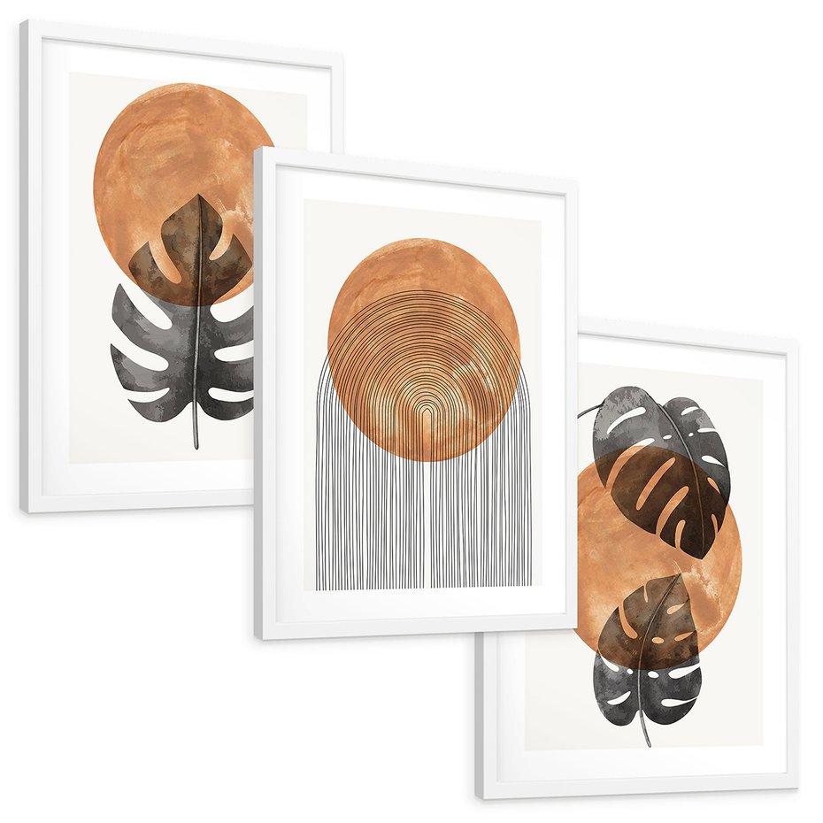 Zestaw obrazy w ramie, plakaty - liście, abstrakcja, okrąg - rama biała
