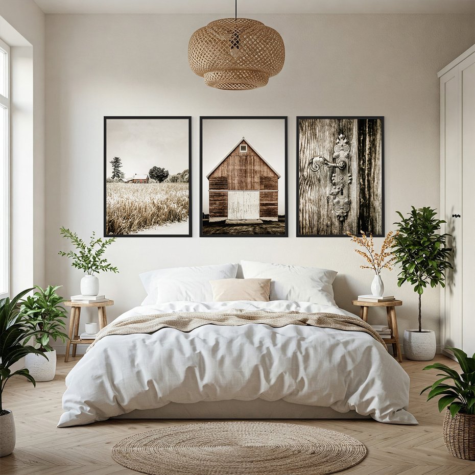 Zestaw obrazy w ramie, plakaty - wieś, dom, drewno - rama czarna