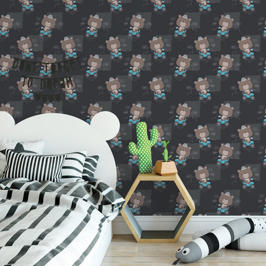 Tapeta - dziecięca, niedźwiedź, pojazd, chmury