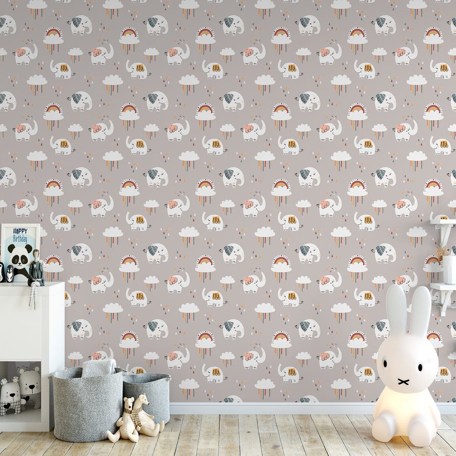 Tapeta - dziecięca, słonie, chmury, tęcza