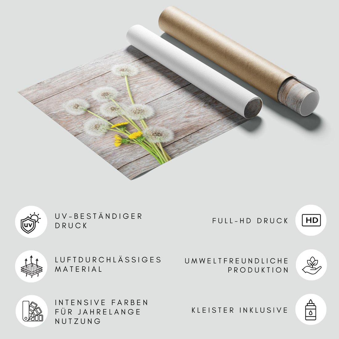 Fototapeta - dmuchawce, kwiaty, drewno