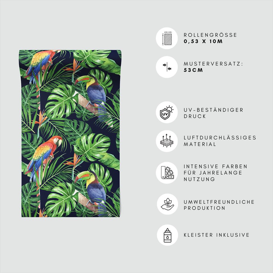 Tapeta - liście, papuga, tukan