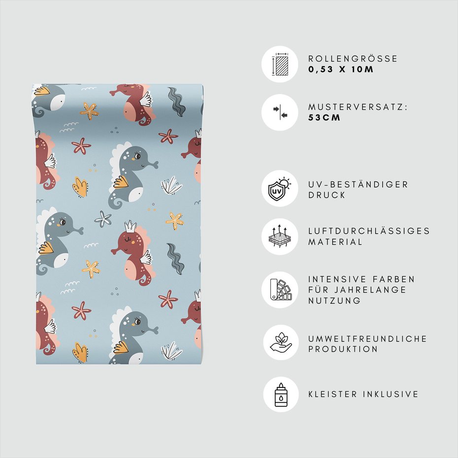 Tapeta - dziecięca, koniki morskie, gwiazdy, korony