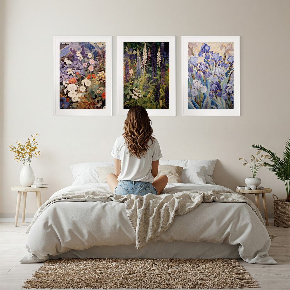 Zestaw obrazy w ramie, plakaty - kwiaty, irysy, rośliny - rama biała
