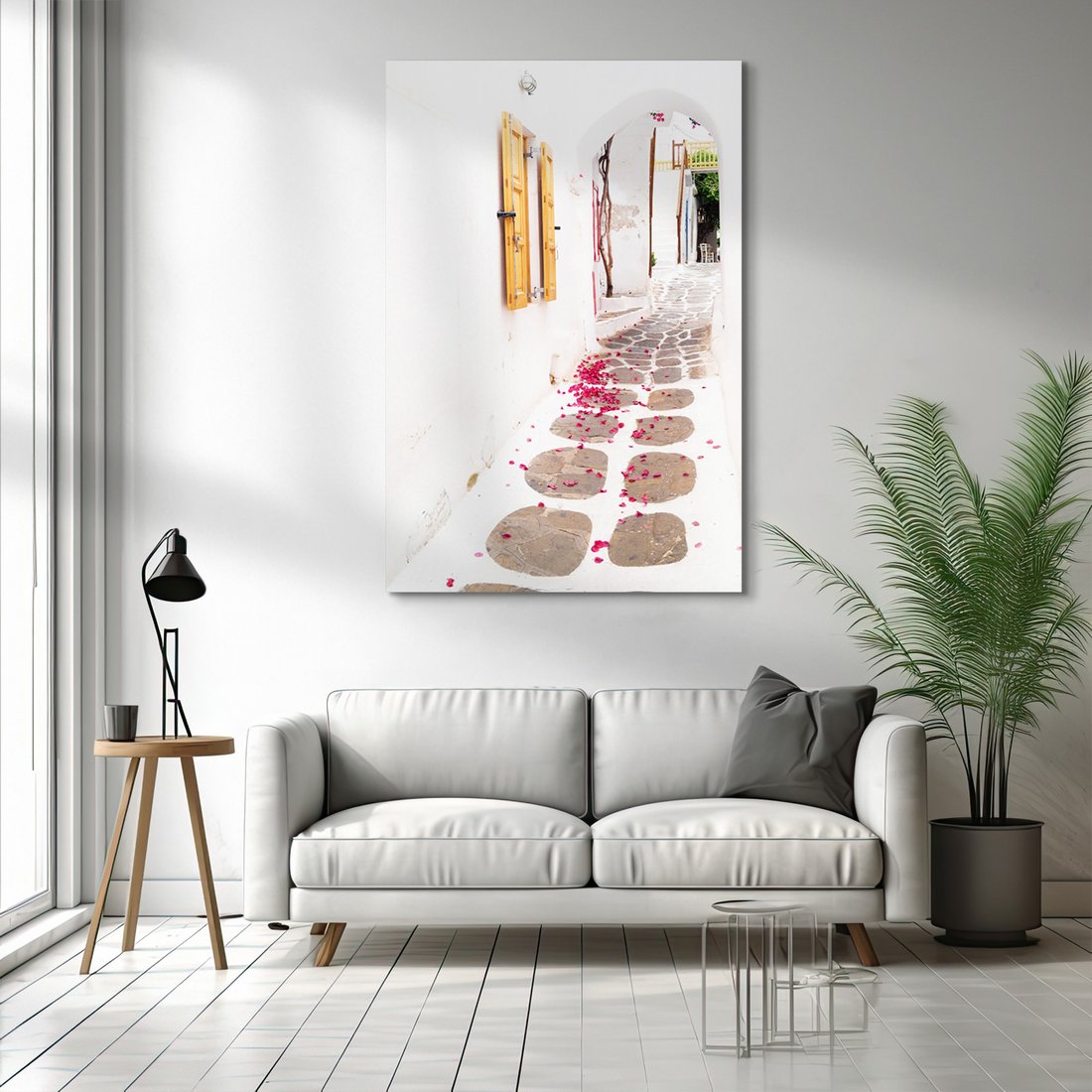 Obraz na płótnie - uliczka, kwiaty, biały