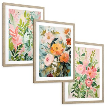 Zestaw obrazy w ramie, plakaty - kwiaty, liście, rośliny - rama drewno