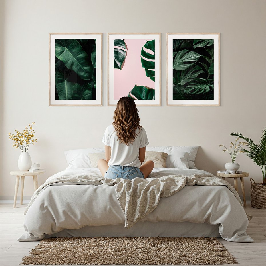 Zestaw obrazy w ramie, plakaty - liście, monstera, rośliny - rama drewno