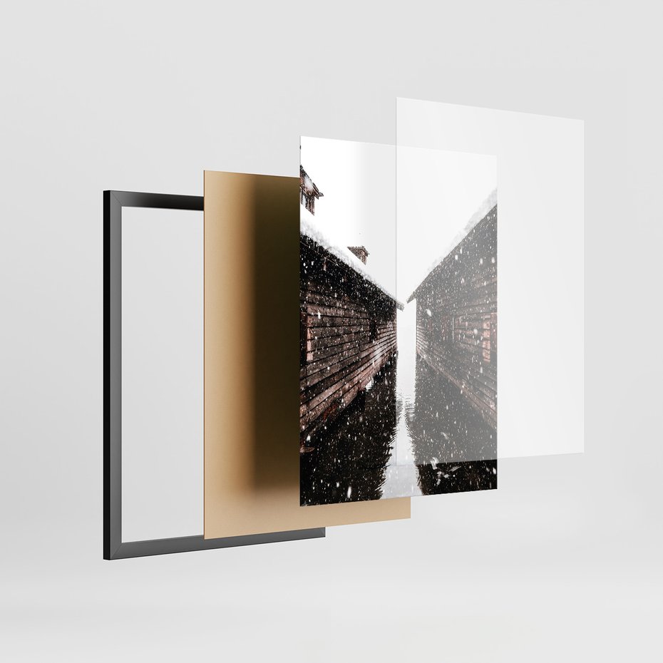 Zestaw obrazy w ramie, plakaty - zima, śnieg, budynki - rama czarna