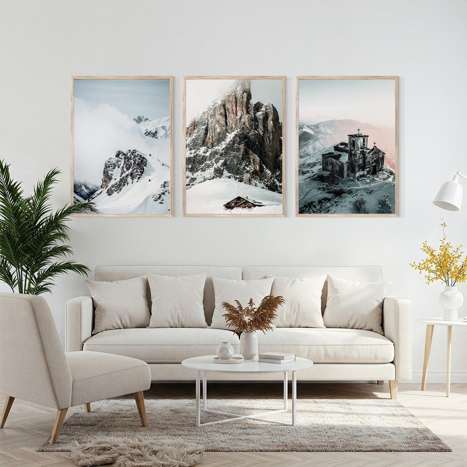 Zestaw obrazy w ramie, plakaty - góry, śnieg, zima - rama drewno