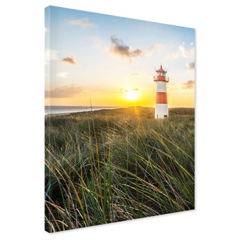 Obraz na płótnie - latarnia morska, plaża, zachód słońca