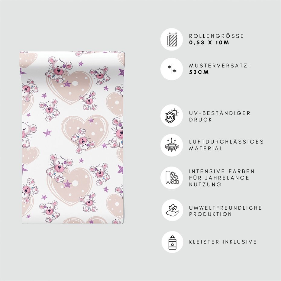 Tapeta - dziecięca, mysz, serce, gwiazda