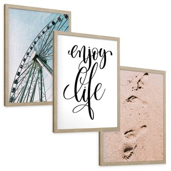 Zestaw obrazy w ramie, plakaty - wakacje, plaża, piasek - rama drewno
