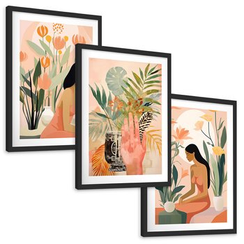 Zestaw obrazy w ramie, plakaty - kobieta, kwiaty, liście - rama czarna