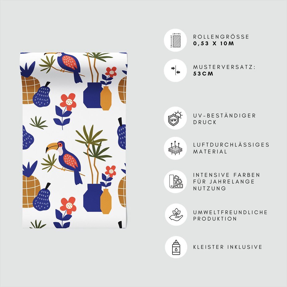 Tapeta - ananasy, kwiaty, tukan