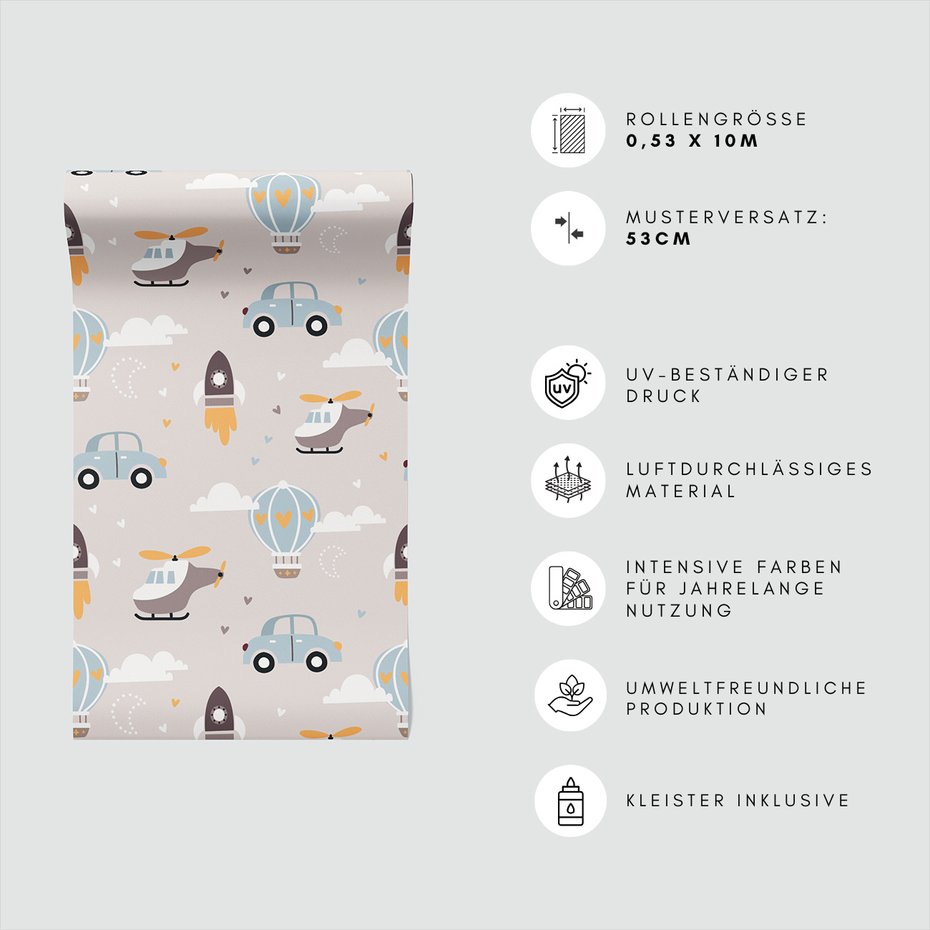 Tapeta - dziecięca, samochody, helikoptery, balony