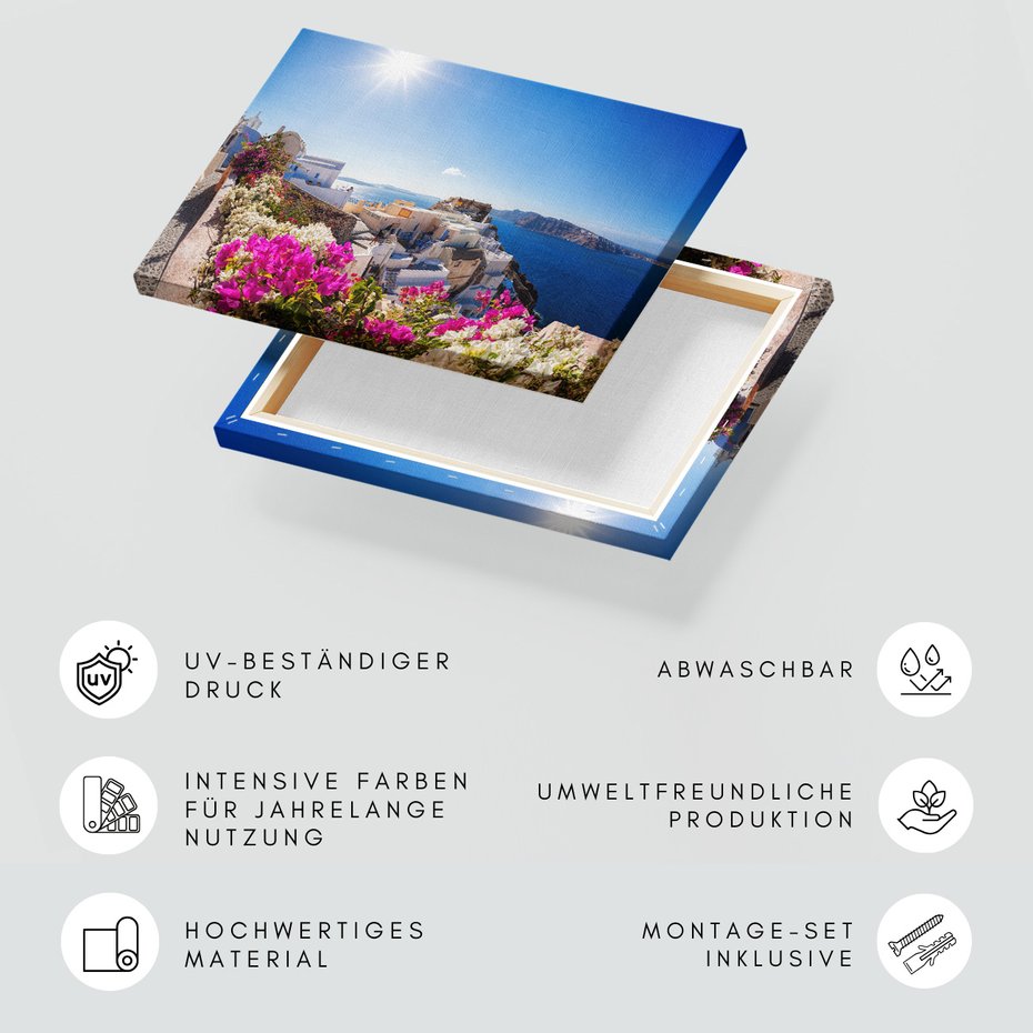 Obraz na płótnie - Santorini, Grecja, kwiaty