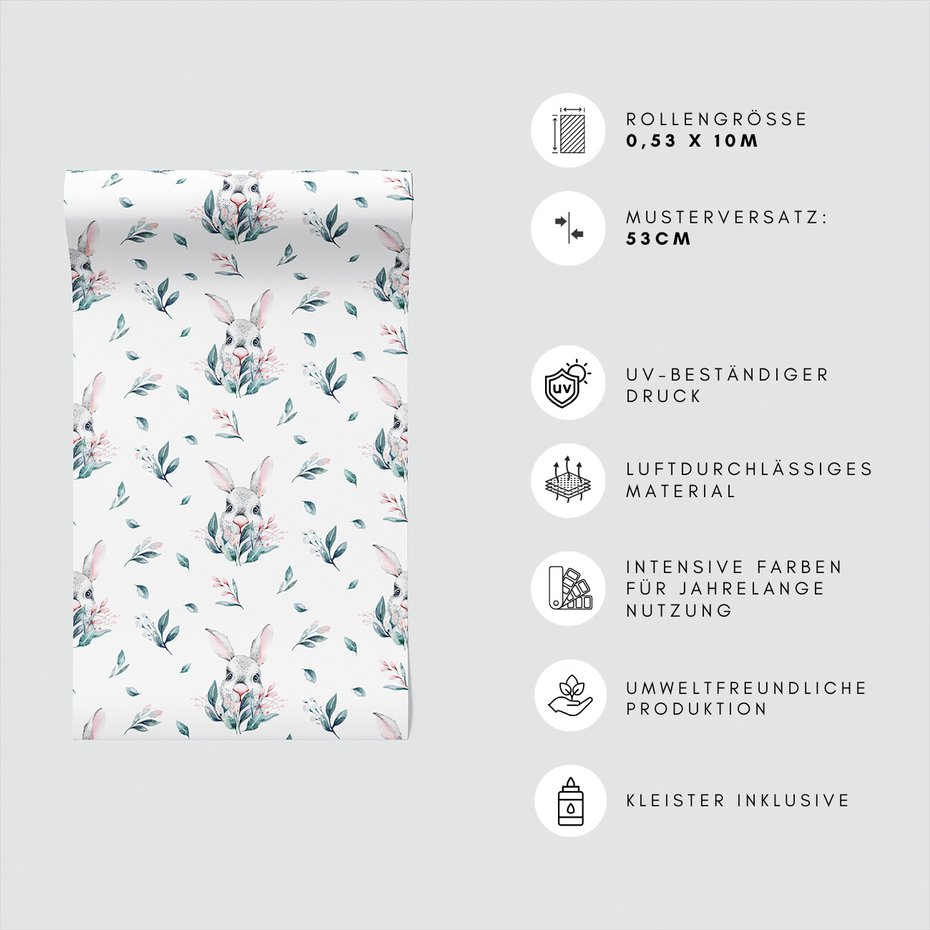 Tapeta - dziecięca, królik, liście, kwiaty