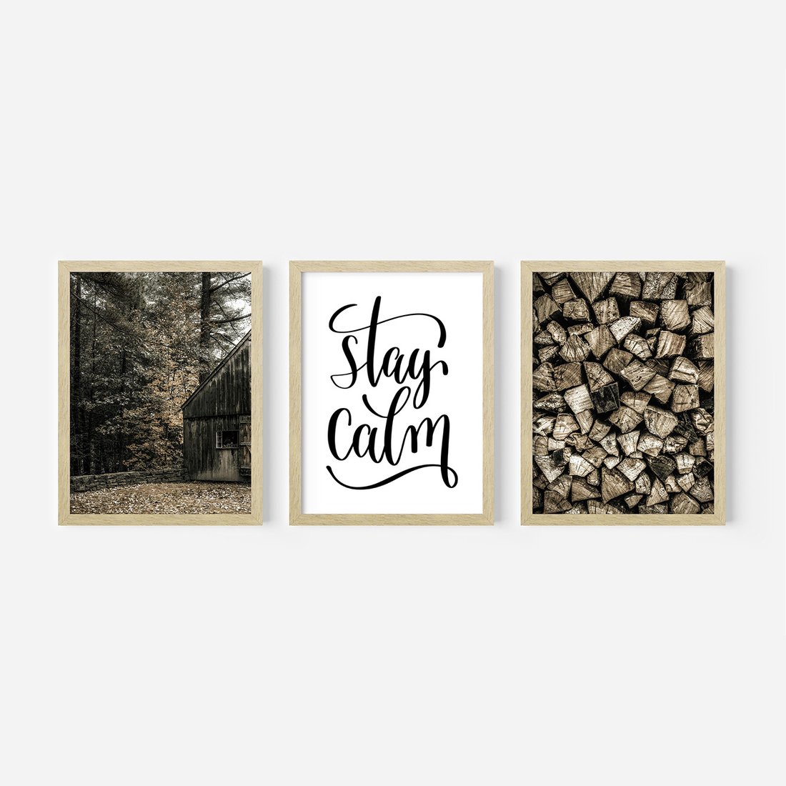 Zestaw obrazy w ramie, plakaty - drewno,domek,las - rama drewno