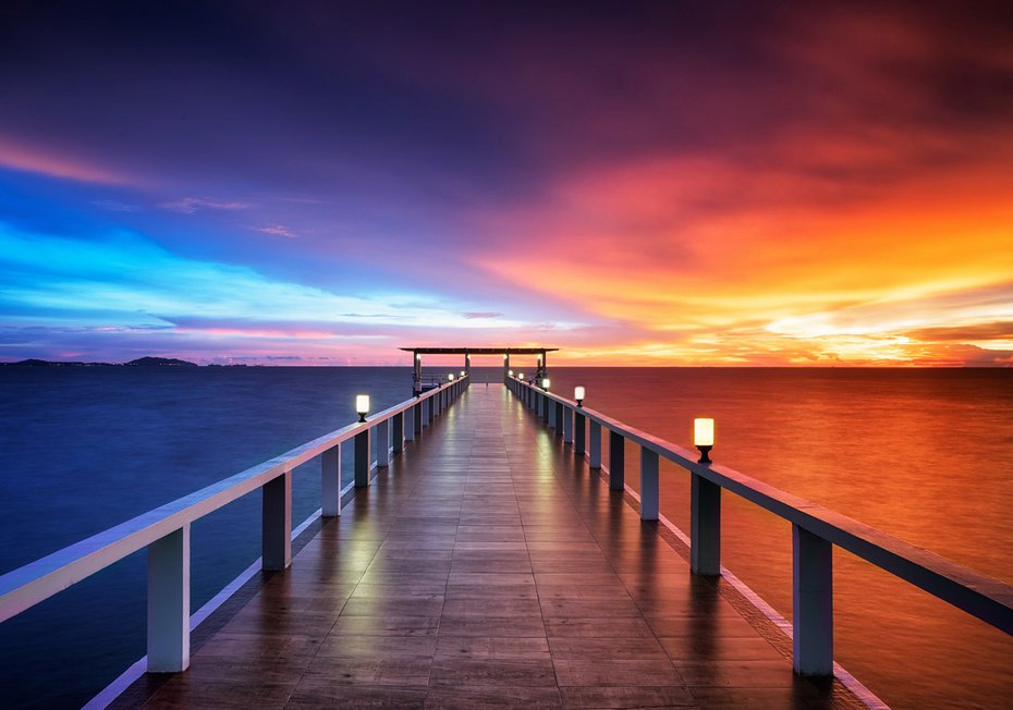 Fototapeta - morze, zachód słońca, molo