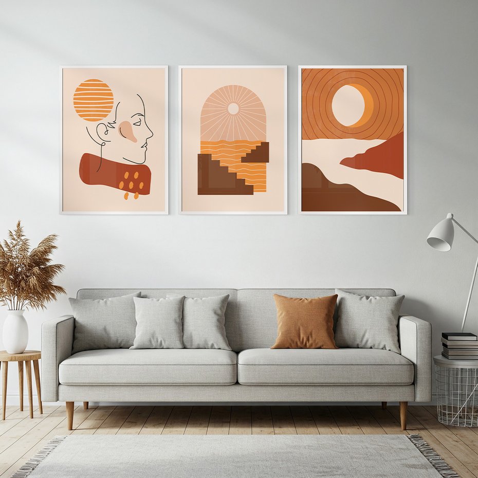 Zestaw obrazy w ramie, plakaty - abstrakcja, boho, minimalizm - rama biała