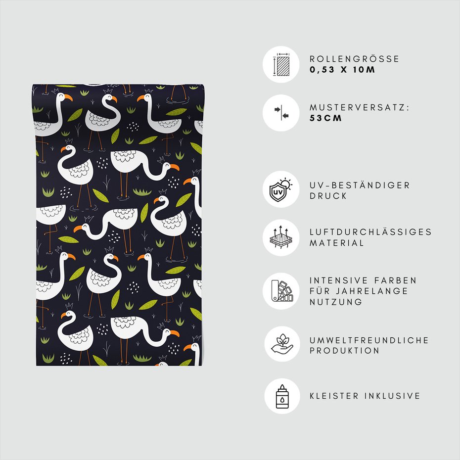 Tapeta - flamingi, liście, woda