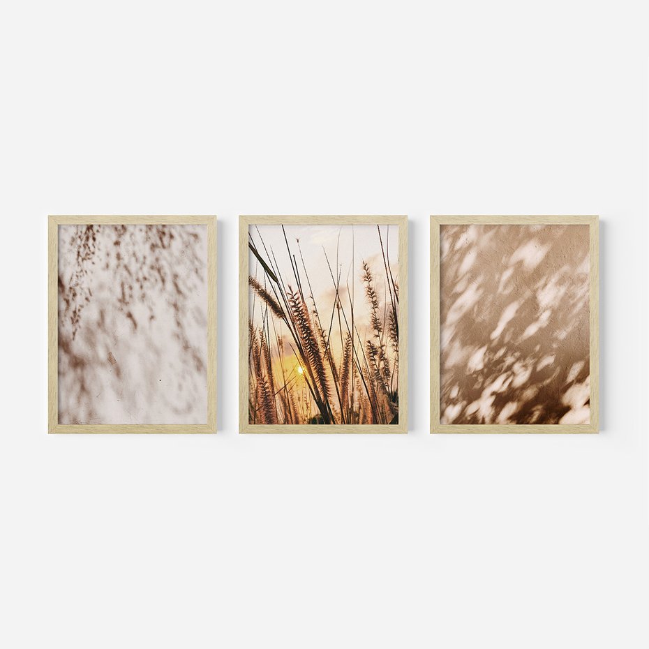 Zestaw obrazy w ramie, plakaty - cienie, trawa, abstrakcja - rama drewno