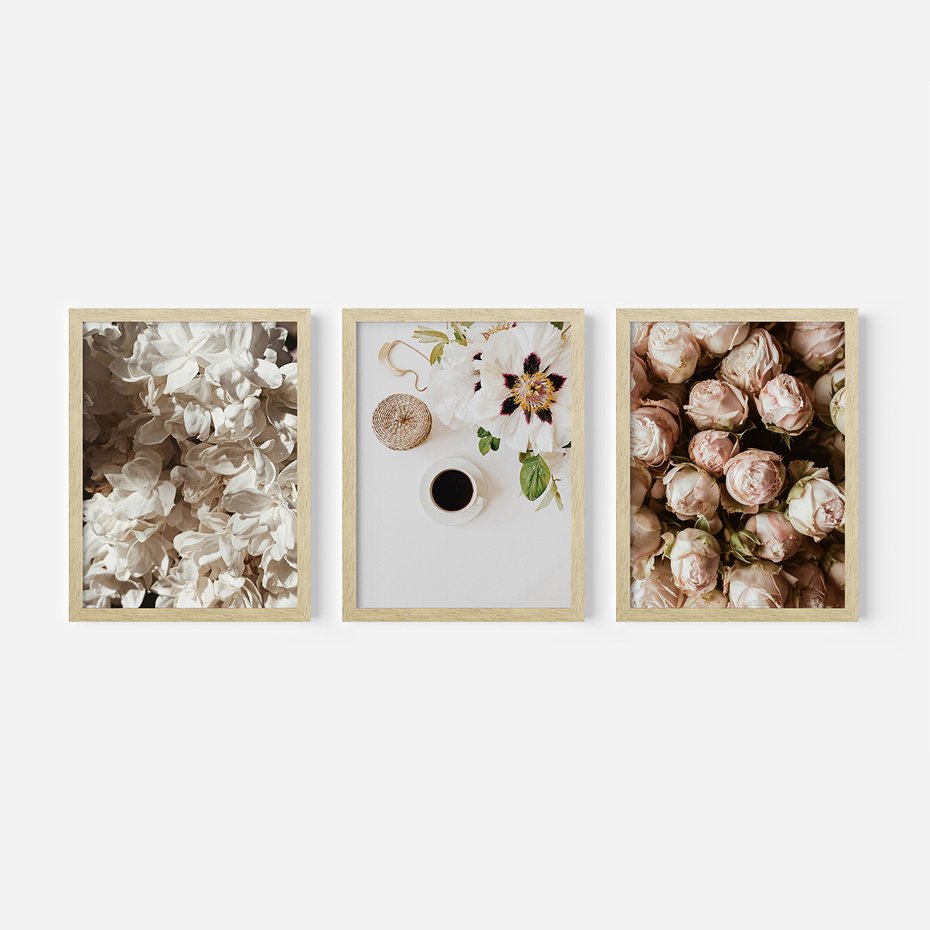 Zestaw obrazy w ramie, plakaty - kwiaty, róże, bukiet - rama drewno
