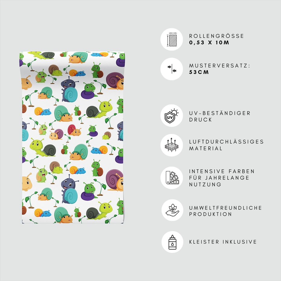 Tapeta - dziecięca, ślimaki, liście, wzór